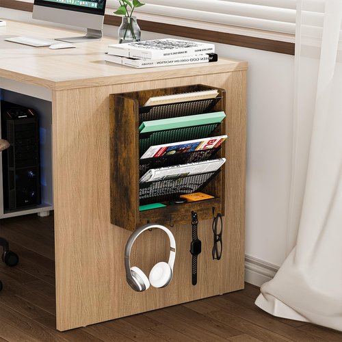 VYUOL Wall File Organizer with 4 Hooks,5 Tier Vertical Hanging Wall Mount File Holder,Desk File Organizer,Desktop Mail Paper Folder Holder Rack with Bottom Tray for Office and Home