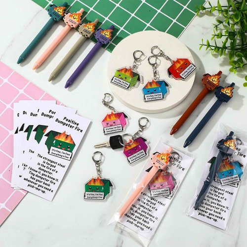 Sayglossy 48 Sets Dumpster Fire Gifts Christmas Funny Ballpoint Pens Acrylic Keychains and Bookmarks Employee Emotional Support Appreciation Gifts Bulk for Office Coworkers Staff Team