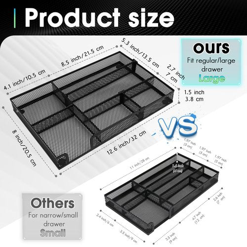 2 PCS Desk Drawer Organizer, 4 to 6 Grid Office Drawer Divider with 2 Adjustable Compartments, Metal Mesh Desktop Organization for Stationery Makeup Kitchen Toolroom School &Office, 12.6x8.26x1.57 in