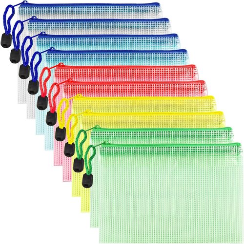 AUSTARK Waterproof Zipper File Bags - 10 Pcs Plastic Mesh Pouches for Office & School | B6 Size (7.6''x5.3'', Multicolored)