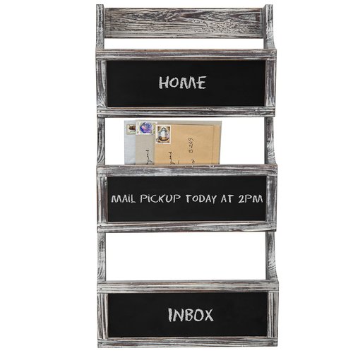 MyGift Wall Mounted Torched Solid Wood Magazine and Mail Holder Organizer Rack with 3 Slots and Chalkboard Labels