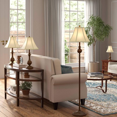 Barnes and Ivy Traditional Font Table Floor Standing Lamps Set of 4 Bronze Brown Beige Bell Fabric Shade Decor for Living Room Bedroom House Bedside Nightstand Home Office Reading Family