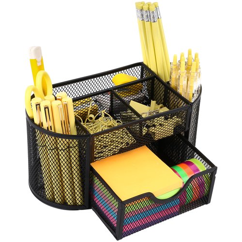 Oop-free Pencil Holder for Desk with Drawer, Desktop Organizer, Mesh Desktop Accessory Office Supplies Multi-functional Caddy with 8 Compartments for Office/School/Classroom