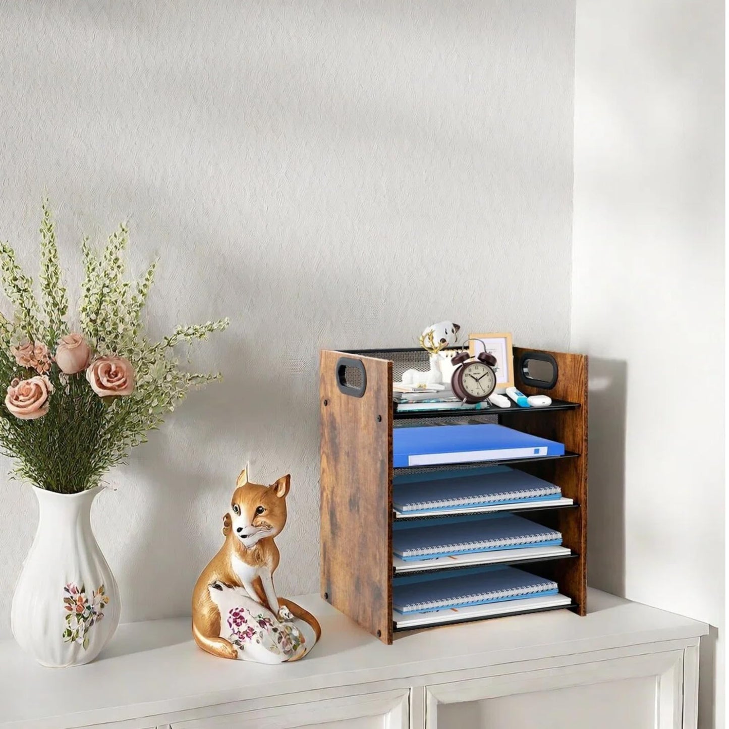 Boershun Desk Organizer - 5-Tier Desktop File Organizer, Wooden Paper Tray Organizer, Office Desk Organzier and Accessories for Papers, Mail, Notebooks, Stationery