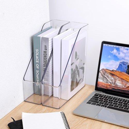 Zyghjort 2 Pack Clear Magazine File Holder, PET Magazine Shelf Desk Book Organizer Vertical Binder Storage Case for Home School Office Table Organization Supplies