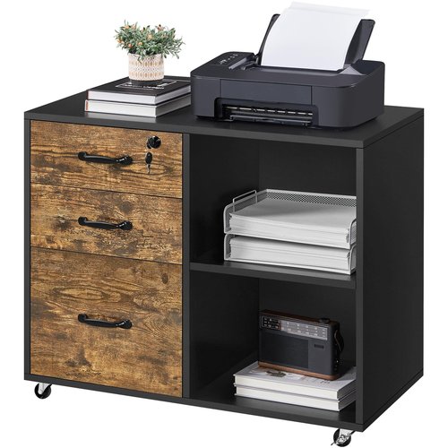 Yaheetech Lateral File Cabinet with Lock for Letter, A4 Size, 3 Drawer Printer Stand with Open Storage Compartments, Mobile Filing Cabinet for Home Office, Black/Rustic Brown