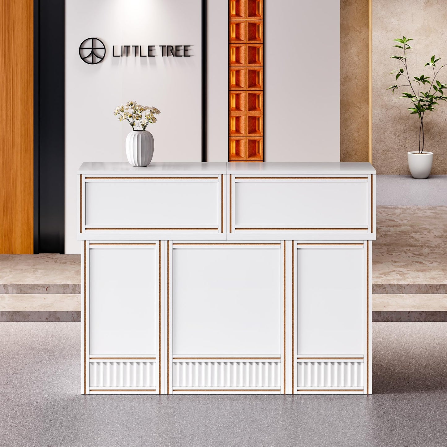 LITTLE TREE 57-Inch Reception Desk with Counter, Boho Style Front Desk, Modern Checkout Counter, Receptionist Desk for Retail, Lobby, Salon, Office, White