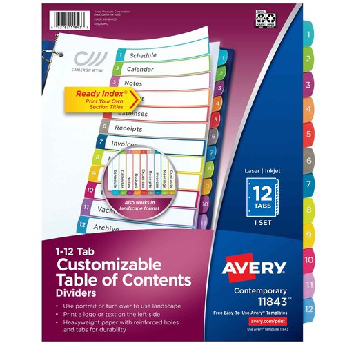 Avery Dividers for 3 Ring Binders, 12 Tabs per Set, Customizable Table of Contents, Multicolor Arched Tabs, Great for Organizing Reports, Projects, and More (24 Sets of 11843)