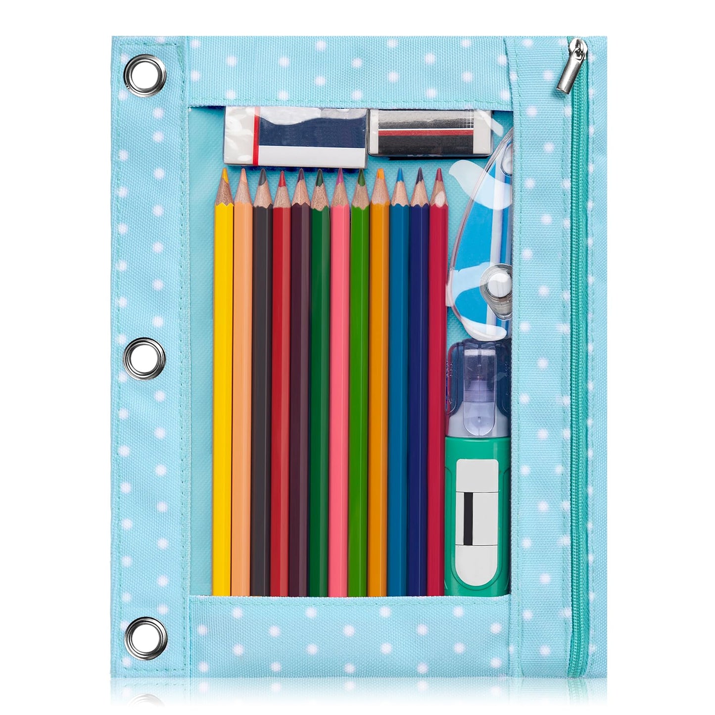Forvencer Pencil Pouch for 3 Ring Binder, Large Pencil Case Pouch with 3 Reinforced Grommets, Pen Bag, Clear Window Pencil Case, Binder Accessories, Green Polka Dot