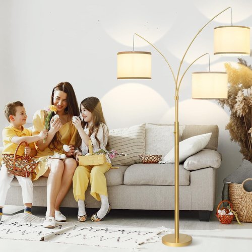 3 Lights Arc Floor Lamps for Living Room,Gold Modern Tall Standing Lamp Hanging Over The Couch with Shades & Heavy Base,Mid Century Black Tree Floor Lamp for Bedroom Office