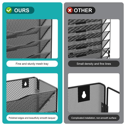 VEESUN 10 Tier Hanging Wall File Organizer, Wall File Holder Organizer Mounted Letter Mail Magazine File Rack With Flat Tray For Office Home School, Black