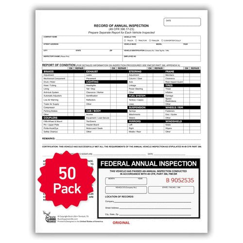 50 Pack 2-Ply Carbonless Record of Annual Inspection Forms with Inspection Decal, DOT Inspection Forms and Stickers, Shrink-Wrapped, 9.5" x 11", Meets 49 CFR 396.21 & 396.17(c)(2) - Made in The USA
