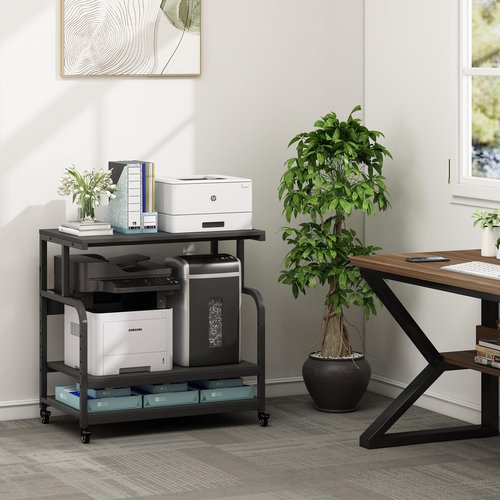 Fannova 32.3" x 18.9" Extra Large Printer Stand Table with Adjustable Storage Shelf, 3 Tier Rolling Printer Cart with Industrial Wheels for Home Office, Black