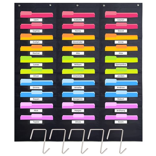 Hippo Creation Heavy Duty Storage Pocket Chart for Classroom, 30 Pocket Storage Organizer with 5 Over-Door Hangers, Hanging Wall Organizer for File Folders, School Mailbox, Home Office Papers - Black