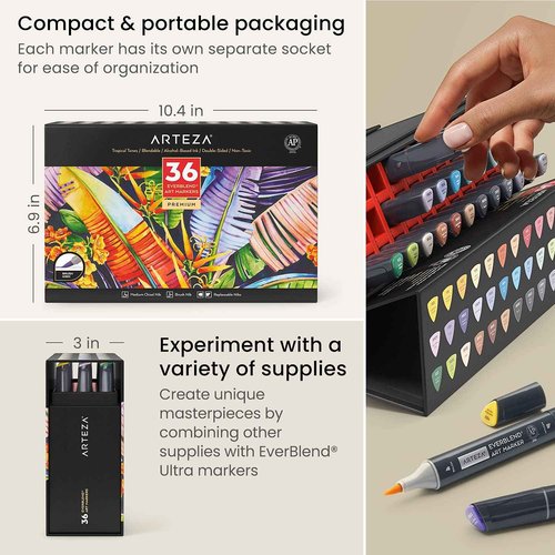 ARTEZA Alcohol Markers Set of 36 Tropical Tones, Medium Chisel and Brush Nib, Dual Tip Brush Markers for Drawing and Sketching