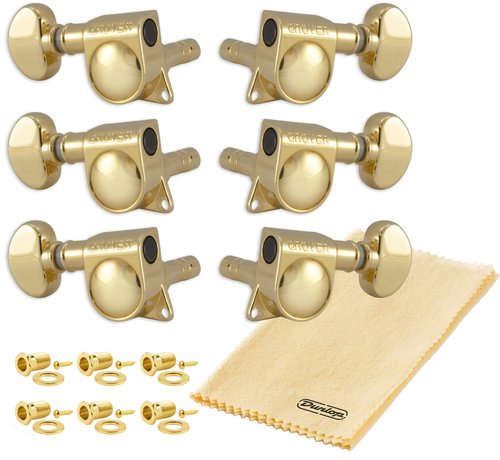 Grover 406G Locking Rotomatics Guitar Tuners, Tuning Machines Set 3+3 18:1 Gold Mid-Size Tuning Keys with Tonebird Dunlop Polish Cloth Bundle Tuner Heads with Small Kidney Button