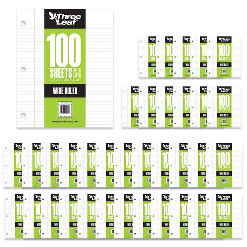 THREE LEAF 100 SHEETS WIDE RULED FILLER PAPER, PACK OF 36, LOOSE-LEAF SHEETS FOR SCHOOL AND OFFICE 100 CT. FILLER PAPER, NOTEBOOK PAPER