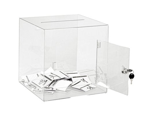 AdirOffice 12" x 12" Acrylic Ballot Box Donation Box with Easy Open Rear Door - Durable Acrylic Box with Lock - Ideal For Voting, Charity & Suggestion Collection - Clear