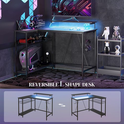 Zentrava 42" L Shaped Computer Desk, Corner Gamer Table with LED Lights, USB Charging Ports, Power Outlet, Reversible L Shaped Computer Desk with Storage Shelves and Monitor Stand (Black)