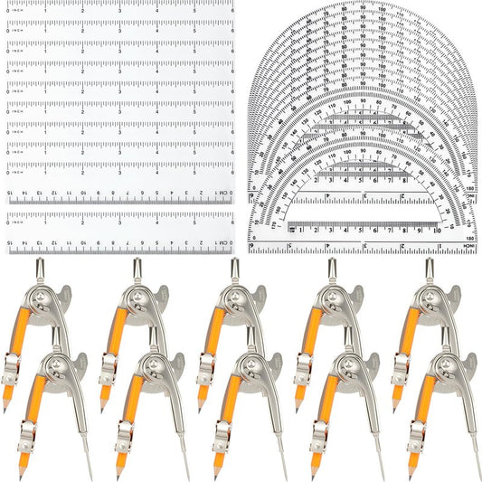 40 Pieces Geometry Math Set Compass for Geometry Math Compass and Protractor Set Include Metal Compass with Pencil Plastic Ruler and Protractor for Student School Office Woodworking Drawing Tools