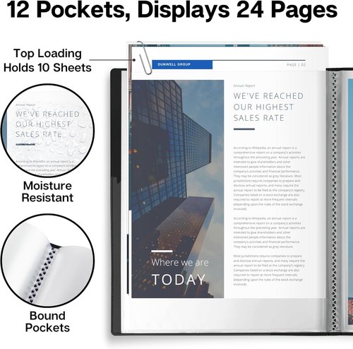 Dunwell 12-Pocket Presentation Binder - Customizable Cover, 24 Viewable Pages, 8.5x11, Black