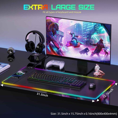 Mouse Pad with Wireless Charging, RGB Gaming Mousepad, Large Desk Mat with Ultra-Smooth Surface, Non-Slip Mouse Mat, Waterproof Computer Keyboard Pad with 18W QC Power Adapter, 800x400x4MM, Black