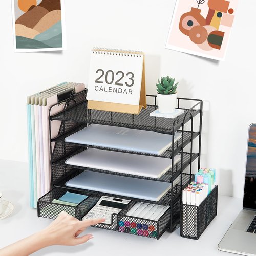 Gugsey Desk Organizer with File Holder, 5-tier Paper Letter Tray File Organizer with Drawer and Pen Holder, Mesh Desktop Office Organization and Storage for School Home Office Supplies(Black)