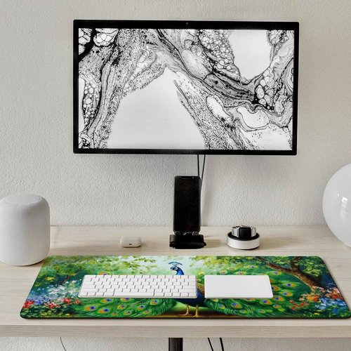 PailailaiNest Desk Pad Mat Large Mousepad Peacock Animal Bird Elegant Green Nature Flower Painting Large Mouse Pad for Desk Pad Mat for Keyboard and Mouse Pad Office Supplies for Desk 40x90cm