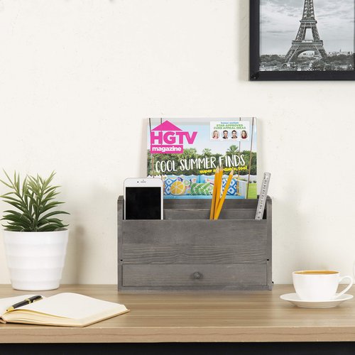 MyGift Rustic Gray Solid Wood Office Desk Supplies and Stationery Organizer, 5 Slot Wooden Desktop Mail Sorter, Document and Magazine Holder with Pull Out Drawer