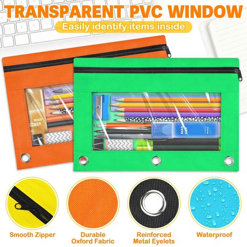 Pencil Pouch for 3 Ring Binder, 160 Packs Zipper Pencil Pouch Bulk in 10 Colors, Pencil Case for Binder with Clear Window for School, Home and Office