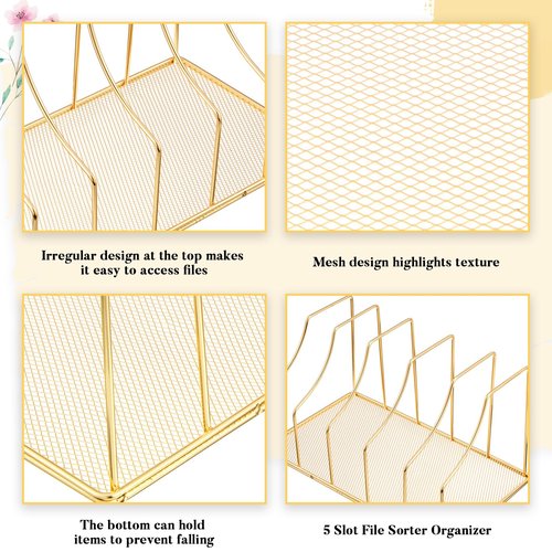 Chivertion 2 Pcs 5 Slot File Sorter Organizer Binder Holder for Desk Wire Magazine Holder Rack Upright File Folder Organizer Stand for Office Book Paper Home Shelf Storage(Golden)