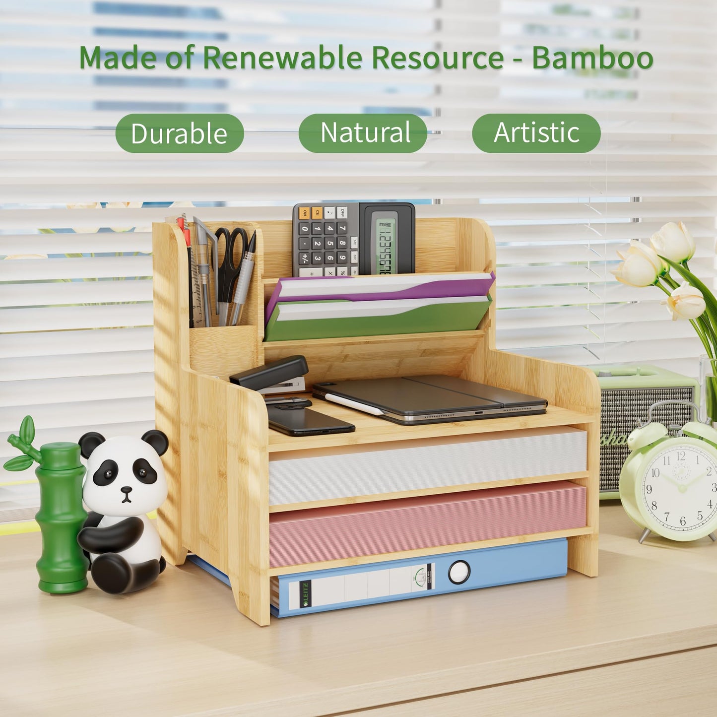 Desk File Organizer - 6-Tier Desktop Mail Letter Tray Paper Document Organizer with Pen Holder for Home Office Supplies, Office Desk Accessories & Workspace (Nature)