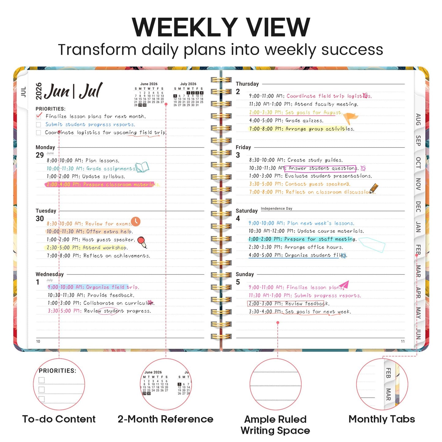 Academic Planner 2026-2027, Weekly and Monthly Calendar Book, July 2026 – June 2027, Hardcover Planner with Tabs, Perfect for Teachers, Students, Women & Men, A5 (6.4" x 8.5") - Pastel Garden