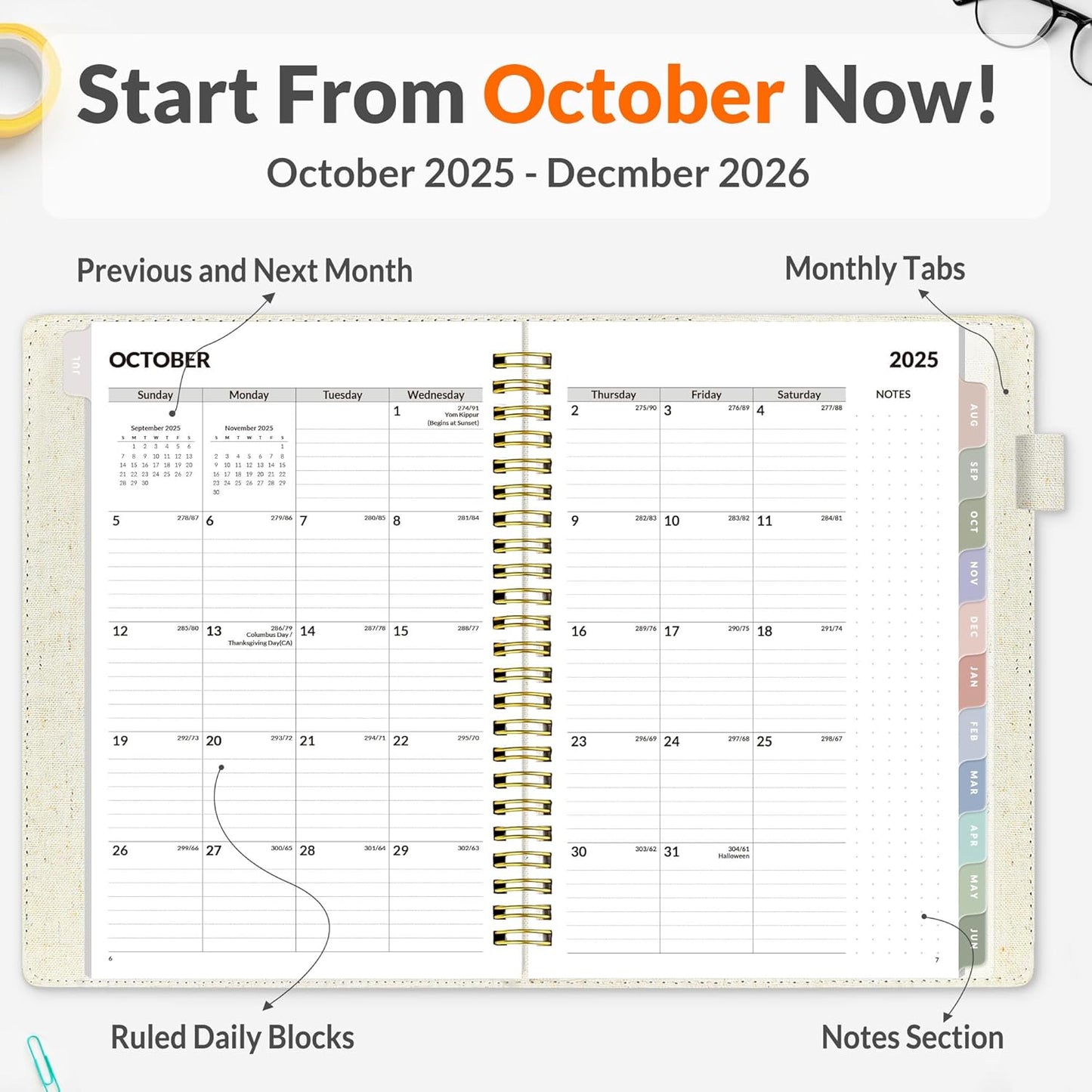 SUNEE 2026 Weekly & Monthly Planner - Vegan Leather Cover, Pocket & Bookmark | 6.4"x8.5", Beige