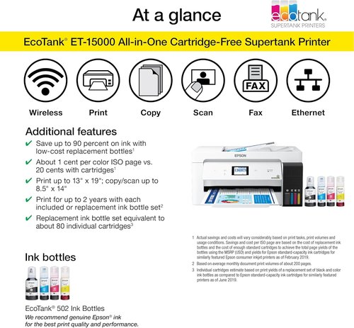 Epson EcoTank ET-15000 Wireless All-in-One Supertank Printer - Print, Scan, Copy, Fax | 13 x 19 Inches, White