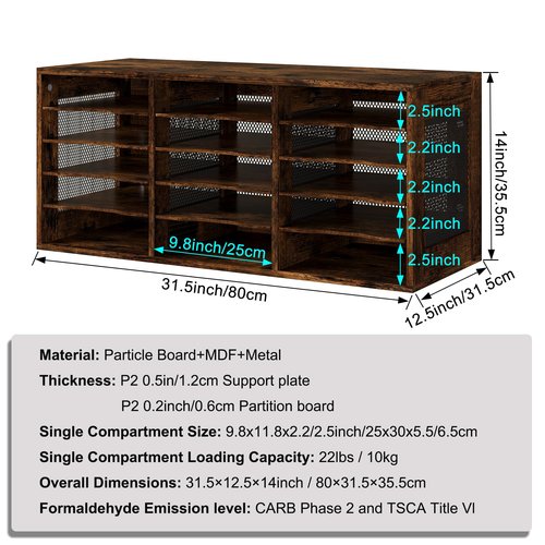 PAG-Mass Mail Sorter Organizer, Wood Literature Organizer, Student Mailbox for Classroom, Desktop Bill Paper Organizer for Office Home School, 15 Compartments, Antique Brown