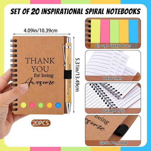 Czlotyh 20 Sets Employee Appreciation Gifts Spiral Notebooks with Sticky Notes Notepads Thank You Journals Inspirational Bamboo Ballpoint Pens Bulk for Nurse Teacher Coworker