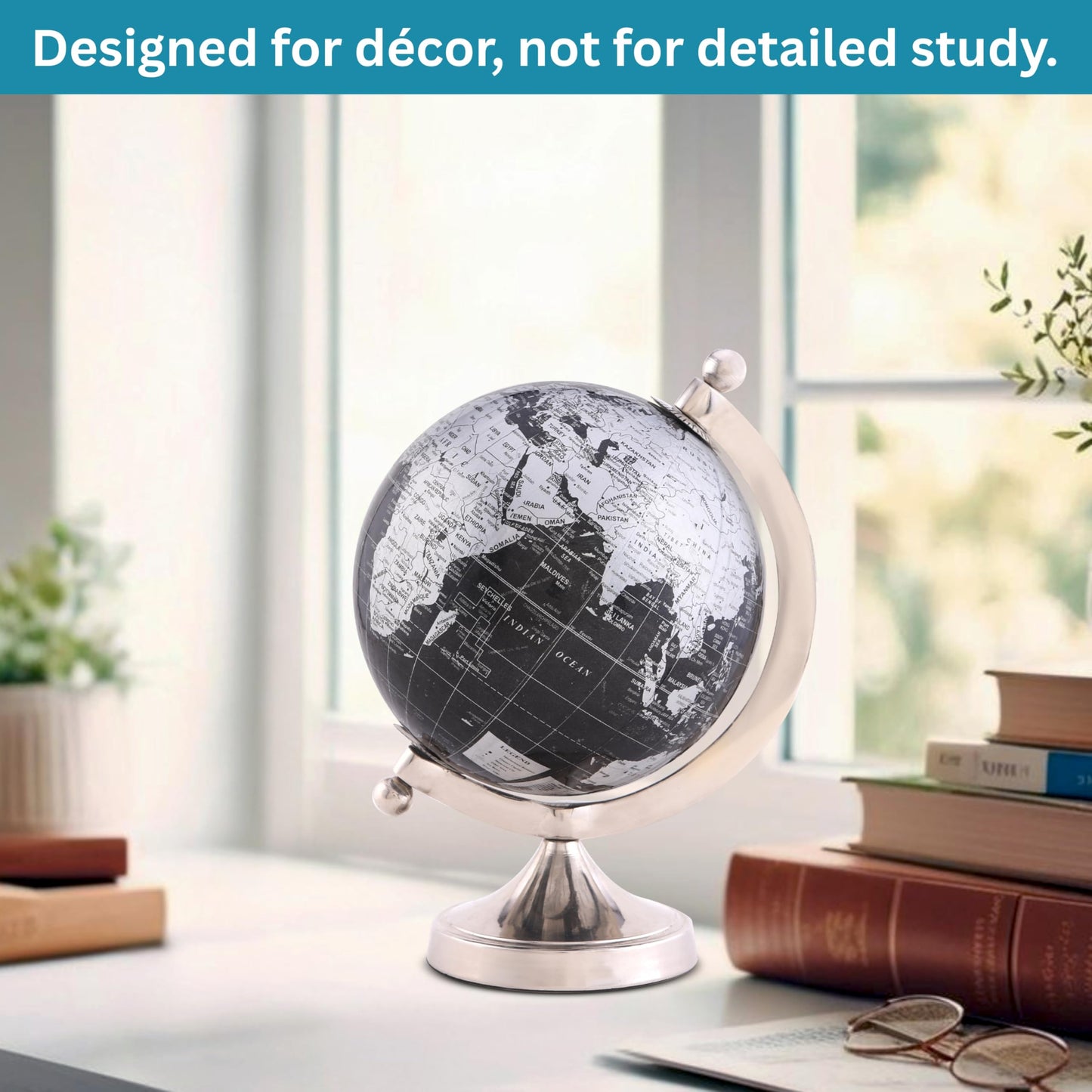 Rely+ 5" Black Globe of The World with Silver Stand (NOT PLASTIC!) For Bookcase Decorative Home Desk Table Office Decor Book Shelf Decor Globe 5 Inch