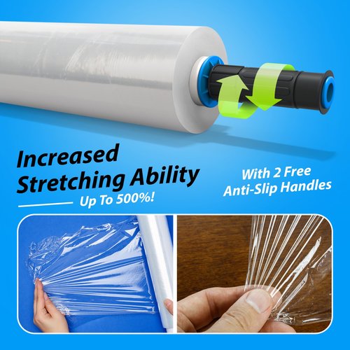 4 Rolls x 15" x 900 FT x Clear Heavy Duty Stretch Wrap Shrink Film for Shipping Packaging Moving Packing Trucking Logistics - Thicker Extra Durable Film - Wrap Holder Included