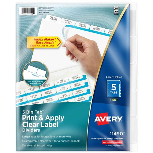 Avery 5 Big Tab Dividers for 3 Ring Binder, Easy Print & Apply Clear Label Strip, Index Maker Customizable White Tabs, 1 Set (11490) (Pack of 6)