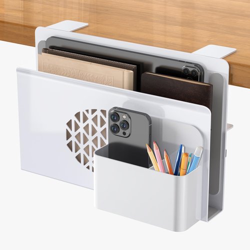 Josmimic Desk Side Storage, Metal Laptop Holder with Magnetic Pen Box, Clamp-On Under Desk Organizer with Cooling Holes & Anti-Scratch Pads for Office and Home (White)