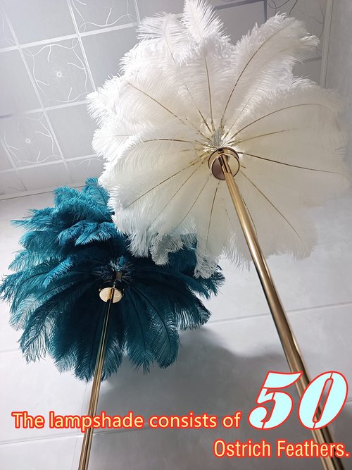 GIOAMH Natural Ostrich Feather Floor Lamp, 3-Way Color Temperature,Simple Modern Bedroom and Living Room Standing Lamp, Golden Lamp Body, G4-LED Bulb (White)