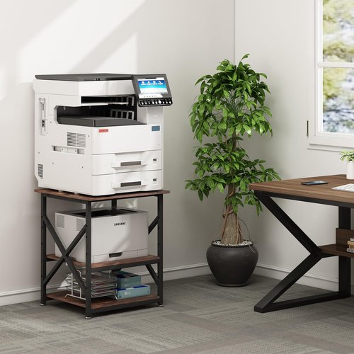 Fannova 23.6 x 23.6 Inches Large Printer Stand, 3 Tier Square Printer Table with Height Adjustable Storage Shelf, Rolling Printer Cart with Industrial Wheels for Home Office - Rustic Brown