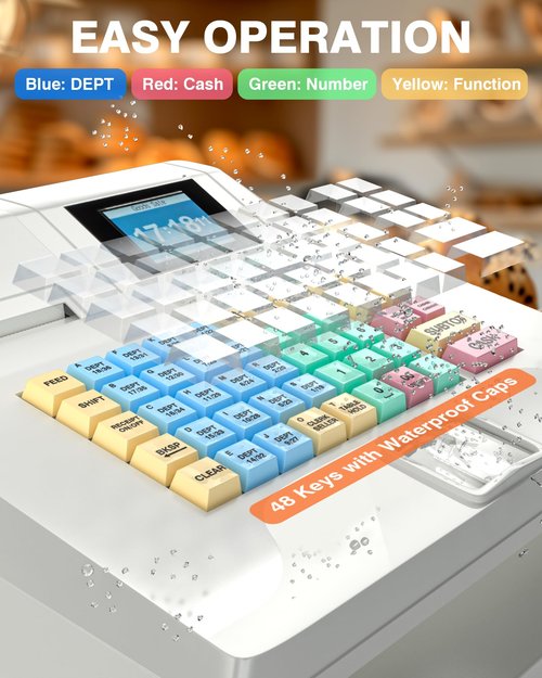 PYY Cash Register for Small Businesses - Electronic Commercial Caja Registradora para Negocio with Lock Cash Drawer Box, 48 Keys, 8 Digital Dual Display, System for Retail Supermarket Restaurant