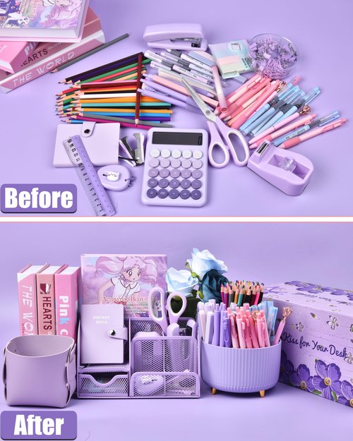 LXEVIHK Purple Desk Organizers and Accessories With Mesh Desk Organizer and 360°Rotating Pen Holder and a Lot of Office Purple Office Supplies Beautifully Presented in a Gift Box, Back to School