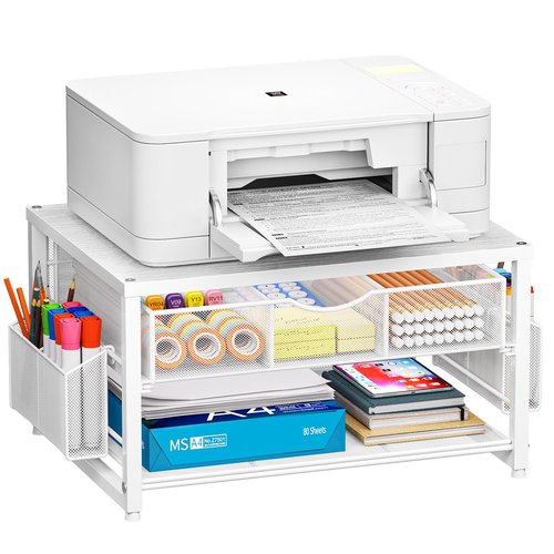 Marbrasse Wood Printer Stand for Desk, 2-Tier Desktop Printer Table for Home Office, Printer Stand with Storage Drawer 2 Pen Holders, Multi-Purpose Desk Organizer for Fax Machine Scanner Files (White)