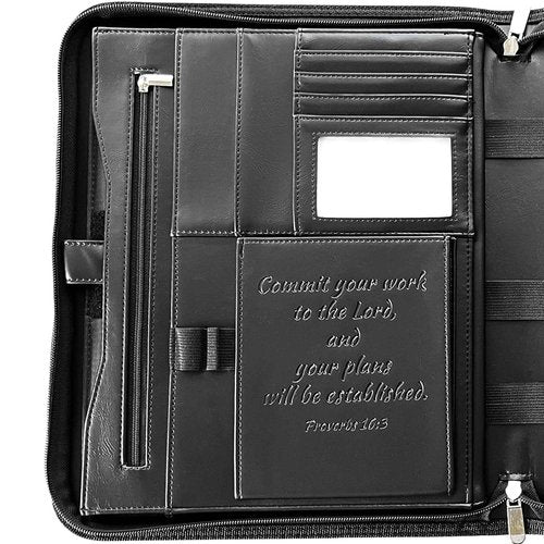 DEHITE Leather Portfolio for Men and Women - Christian Religious Gifts - Padfolio with Laptop Pocket - Letter Size Organizer for Bible Notebook Notepad - Black Full Grain Zipper Binder