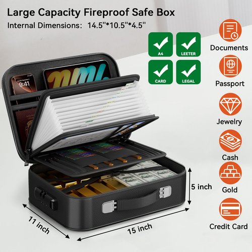 Fireproof Document Box, Hard Case Fireproof Box with Lock, Portable Hard-Shell Fireproof Water Resistant Document Safe for Important Documents, Laptops, Passports, Files and More