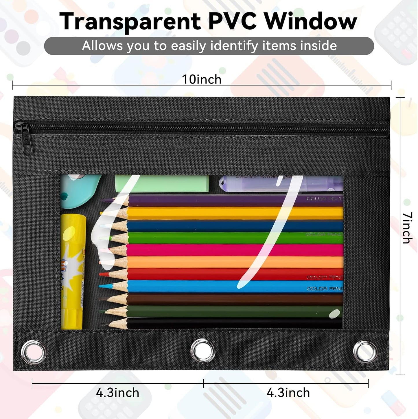 V-Opitos Pencil Pouch - Durable 3-Hole Zipper Case with Clear Window | 2-Pack for School & Office Supplies