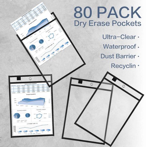 YUQILIN 80 Pack Dry Erase Pockets, Black 14 x 10 Inch Reusable Job Ticket Holders Work Order Plastic Sleeves Shop Ticket Folder Dry Erase Sheet Protectors for Teacher Classroom Office Organization